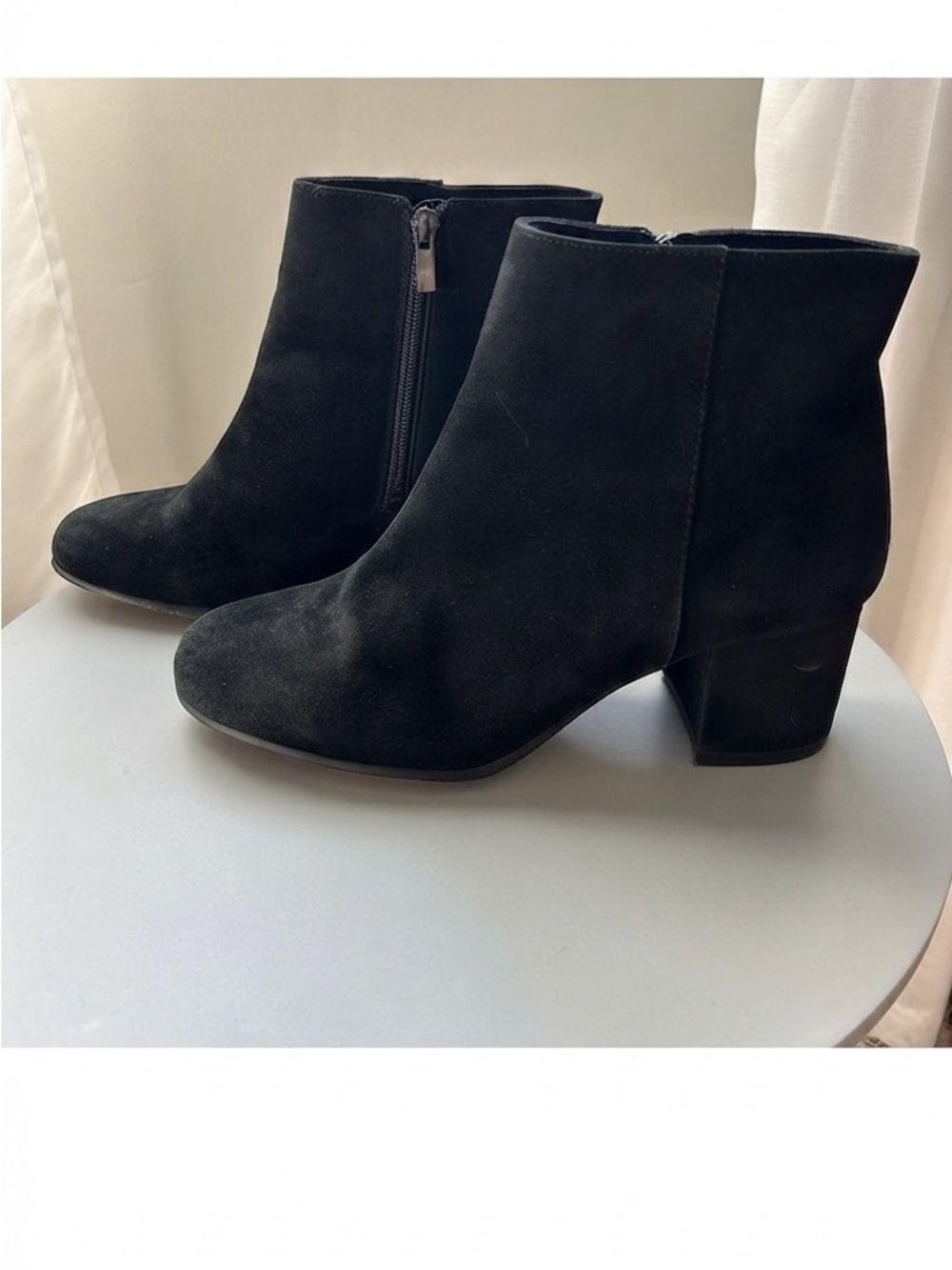 Black Suede Chunky Block Heel Side  Zip Ankle Boots Size 8.5
